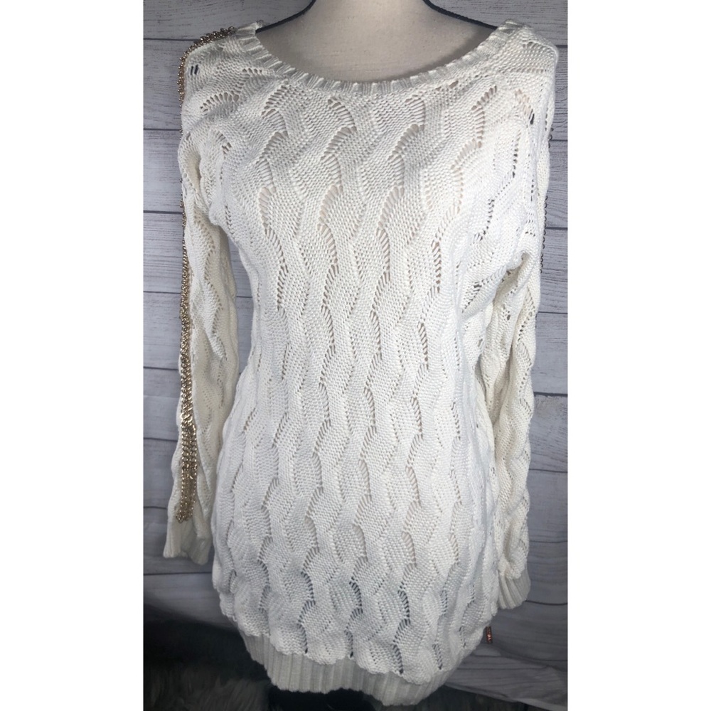 Guess White Knitted Sweater with Gold Chain Detail